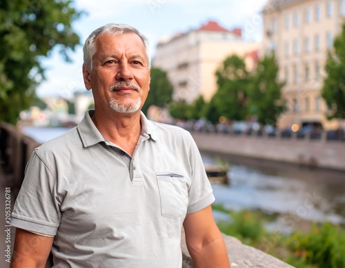 Portrait of a mature, gray-haired man in a light gray polo shirt. He's outside, overlooking a waterway. Buildings blur in background