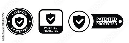 patented protected shield icons with checkmark black vector symbols on transparent background for legal protection security validation trust guarantee and compliance certification concept
