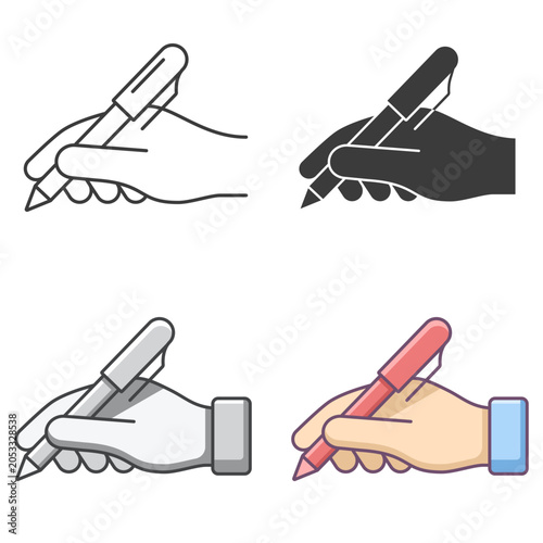A hand holding a pen multicolored icon set. Vector isolated illustration