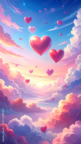 A serene sky with floating hearts amidst colorful clouds