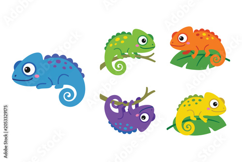Tableau sur toile Cute colorful chameleon lizard vector illustration set