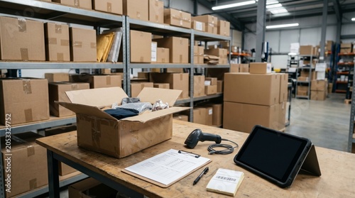 Small ecommerce warehouse returns inspection station with packages, blank tablet, and barcode scanner for logistics, retail operations, and inventory management concepts.
