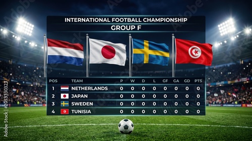 International football championship group F table with flags