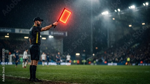 Soccer referee holding a glowing substitution board during a rainy night match