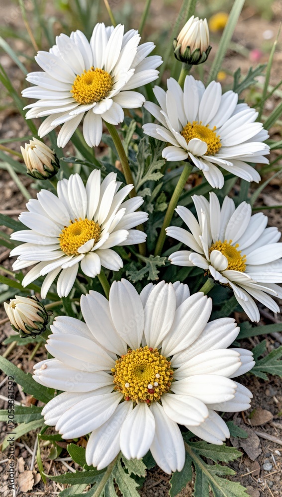 Fototapeta premium Close-up of White Daisy Flowers Blooming in Spring Garden with Green Leaves