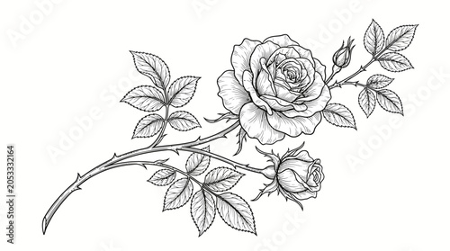 Foto Detailed Single Rose Stem with Blooming Rose and Bud, Delicate Leaves, Isolated