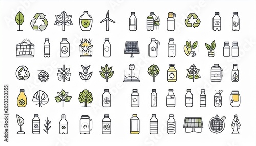Eco lifestyle icons feature reusable bottles, recycling symbols, bamboo products, and sustainable living elements.