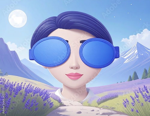 Portrait of a person with large blue circular sunglasses. Scenic landscape, lavender field, mountains, and a moon