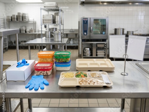 Allergen-safe school meal preparation station with separated containers, gloves, and lunch trays, representing food safety, child nutrition, and institutional kitchen standards.