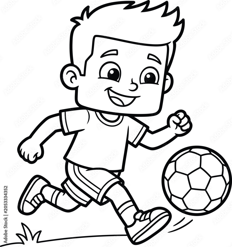 Obraz premium A cute cartoon sketch of a cheerful young boy who is energetically running across the field while playing with a soccer ball.