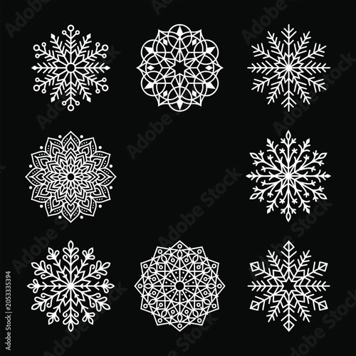 White geometric snowflake mandala logo set for winter branding identity