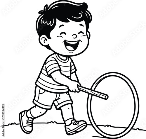 Tableau sur toile A happy young boy playing with a rolling hoop and a stick outdoors on a elegant sunny day in a minimalist line artwork technique