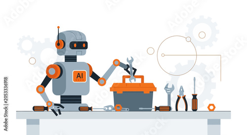 Robot with AI logo working on tools and gears, concept of artificial intelligence and automation