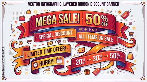 Mega Sale Promotional Ribbon Banner Collection with Discount Labels