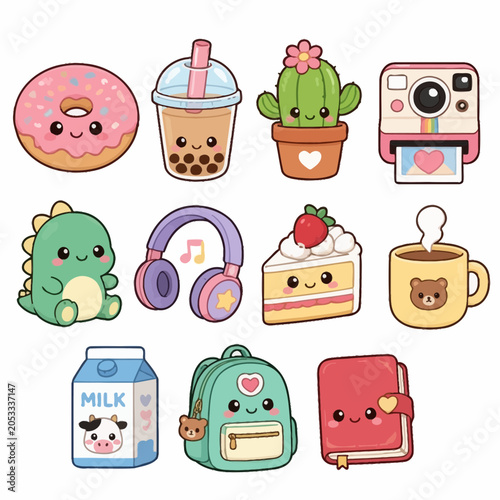 Collection of cute kawaii food and stationery items.