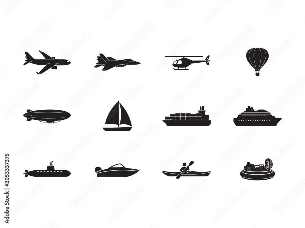 Fototapeta premium Set of twelve black transportation featuring airplane, fighter jet, helicopter, hot air balloon, airship, sailboat, cargo ship, cruise ship, submarine, motorboat, kayak, and hovercraft
