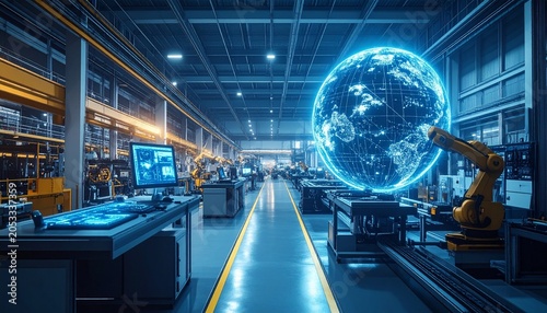 Futuristic factory with robotic arm and digital globe display.