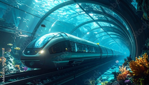 Futuristic underwater train tunnel with marine life and coral reefs.