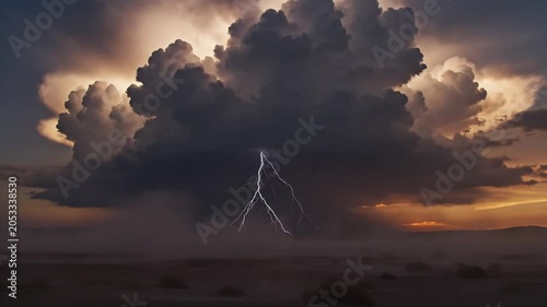 Lightning bolt striking from dark storm clouds over desert sunset