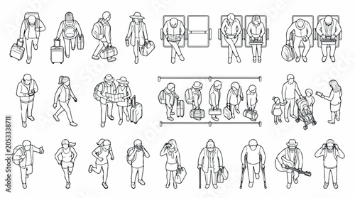 Isometric line art travelers collection, set of 20 airport passenger icons, outline people with luggage and suitcases for travel infographics
