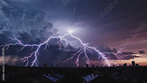 Bright lightning bolts over silhouetted city skyline during sunset storm