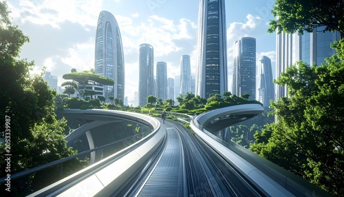 Futuristic Cityscape with Elevated Roads and Lush Greenery.