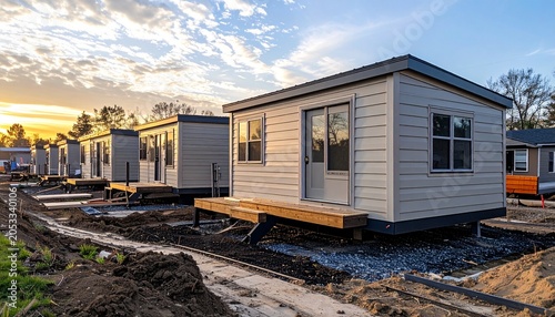 Modern Tiny Homes Under Construction at Sunset.