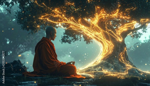 Monk Meditating Under a Glowing Tree of Life in Serene Forest.