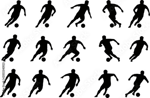 Soccer football player dribbling ball control front view silhouettes vector set isolated