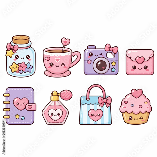 Photos Collection of pink and pastel kawaii object illustrations.