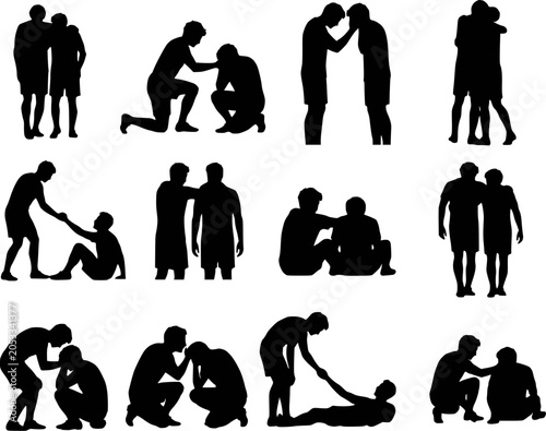 Soccer football player support comfort consoling silhouettes vector set isolated