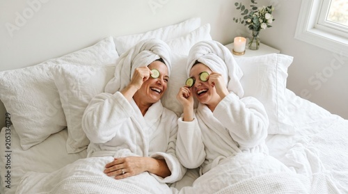 Two happy women relaxing in bed with cucumber slices on eyes relaxing cucumber treatment skincare wellness