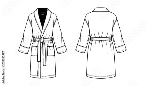 Bathrobe Fashion Flat Sketch with Terry Cloth Robe Technical Drawing Front and Back Views