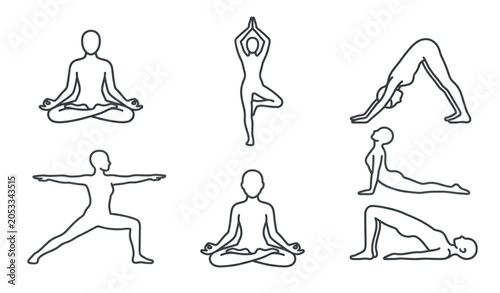 Yoga pose line icon set fitness wellness meditation editable stroke vector