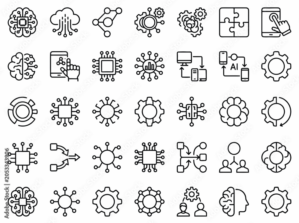 Fototapeta premium Modern collection of diverse artificial intelligence, machine learning, and technology integration icons for presentations, websites, and digital projects