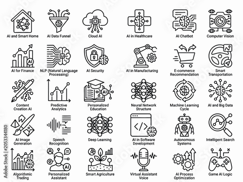 Modern collection of 25 icons illustrating diverse applications and innovations of artificial intelligence integration in various industries