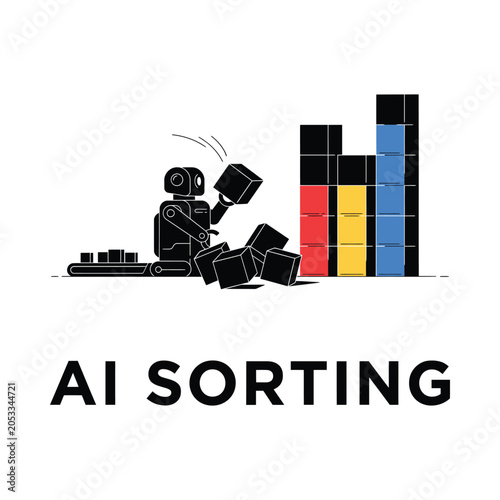 Canvas Print Robot Manipulating Cubes Black Silhouette Vector Illustration
