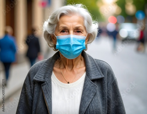 Portrait of a senior citizen wearing a face covering standing on a city street. Other people are blurred in the background