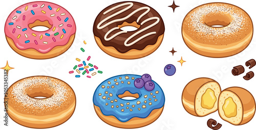 Obraz na płótnie Sweet Glazed Donut Vector Icon Set with Strawberry Sprinkles, Chocolate Icing, P