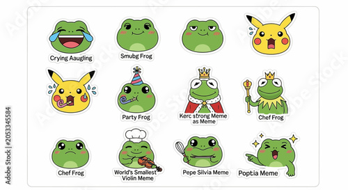 Fotografie Cute Frog Stickers: Memes, Pikachu, Party, Chef, King