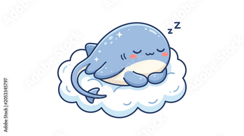 Schilderij op canvas Cute Kawaii Shark Sleeping on Cloud