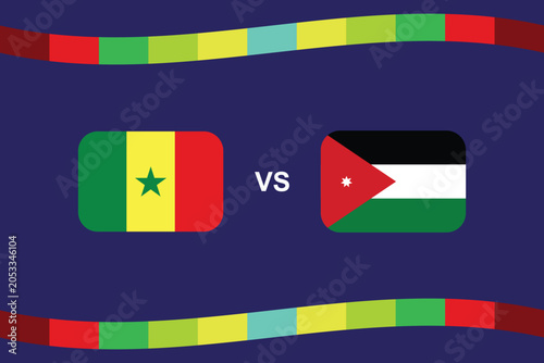 Senegal versus Jordan football match poster template with national flags on blue background