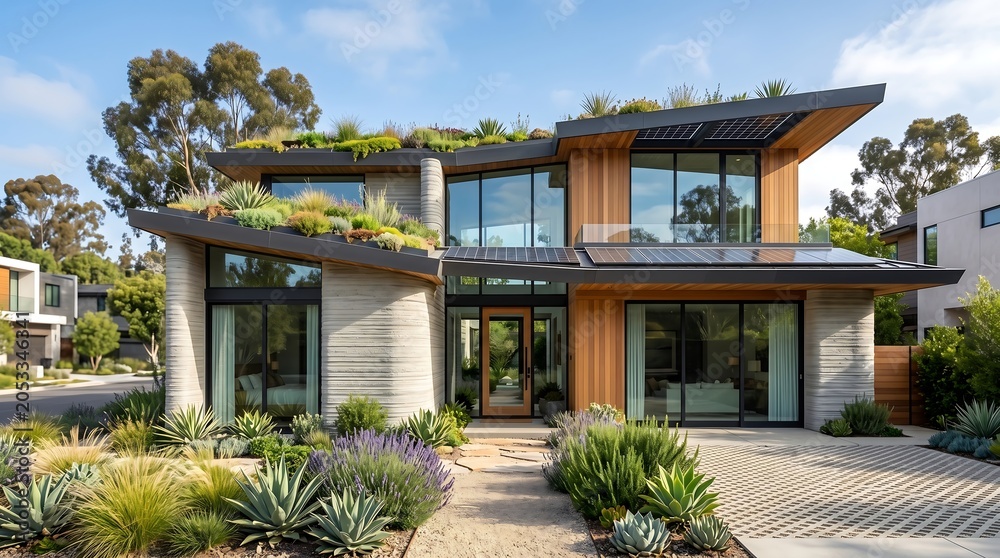 Fototapeta premium Modern Luxury Sustainable House Featuring Eco-Friendly Architecture with Green Rooftop Gardens and Drought Tolerant Landscaping
