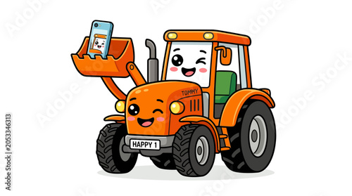 Cute Orange Tractor Character Taking Selfie with Smartphone