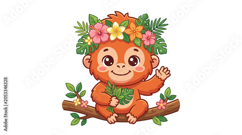 Cute orangutan baby wearing flower crown, waving hand, sitting on branch