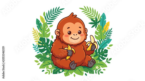 Cute orangutan baby eating banana, surrounded by tropical leaves