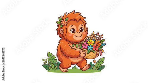Cute Orangutan Baby Carrying Basket of Flowers
