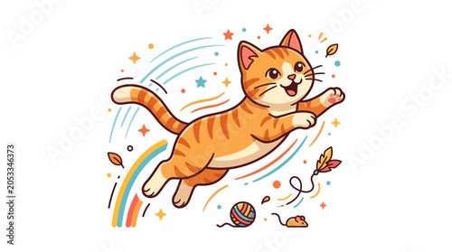 Cute Orange Tabby Cat Jumping Joyfully with Rainbow and Stars