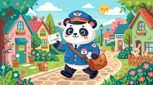 Cute Panda Postman Delivering Mail in a Charming Village