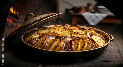 Traditional French pommes boulangere baked with sliced potatoes, onions, and meat in a rustic clay pot inside a warm wood-fired stone oven with flames.